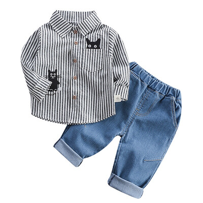 

Baby Boys Clothes Set Autumn Long Sleeve Striped Cat Print Shirt Blouse TopsDenim Pants Children Trouser Set