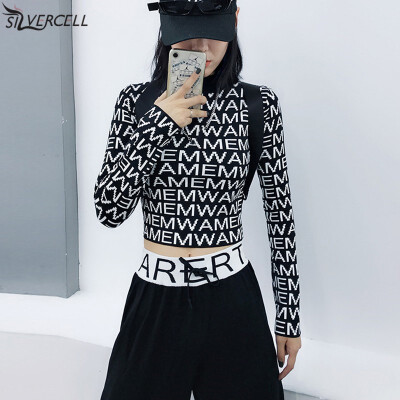 

Harajuku Women Tops Retro Wild Letter Pattern Knit Tops Fashion Chic O Neck Long Sleeve Cropped Korean Style T-shirt