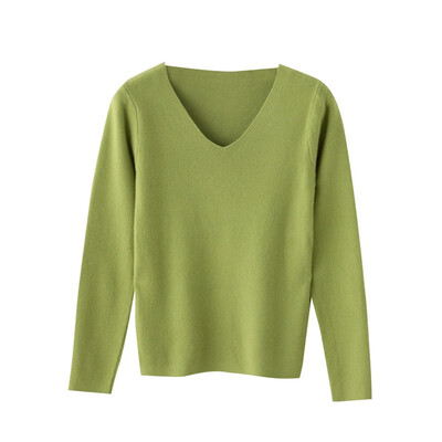 

Female T-shirt Autumn Winter New Slim Solid Color Women Knit Top Fashion Casual V-neck Long-sleeved T-shirt