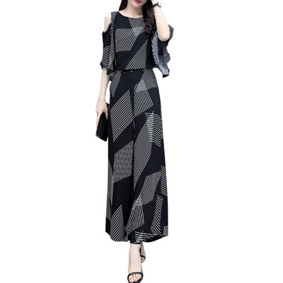 

Summer Womens Casual New Style Elegant Fashion Design Printed Cold Shoulder T-Shirt And Ankle-Length Wide Leg Pants Set