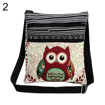 

Colorful Linen Cartoon Owl Embroidery Shoulder Bag Zipper Women Crossbody Pouch