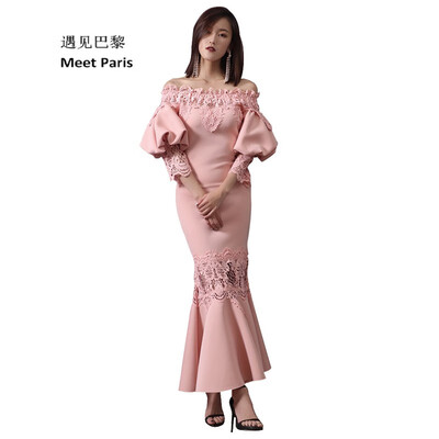 

Vintage Lady Sexy Off Shoulder Puff Sleeve Back Lace Mermaid Dress