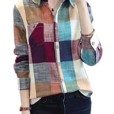 

Fashion Womens Tops&Blouses Korean Style Female Matching Color Long Sleeve Loose Plaid Shirt Top blusas mujer de moda