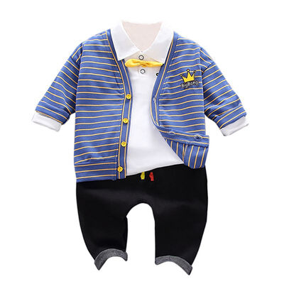 

3Pcs Autumn Baby Boy Adorable Crown Print Long Sleeve Shirt Striped Sweatshirt Trousers Pants Clothes