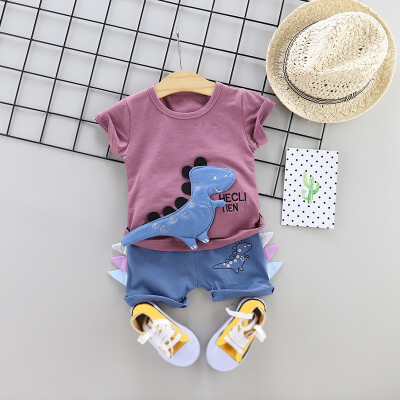 

Children Summer Cotton Dinosaur Printed Short Sleeve T-shirt Round Collar Casual TopsPants Boy Girl outfit Clothing Set