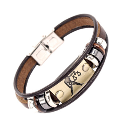 

Fashion 12 Constellation Signs Bracelet with Stainless Steel Clasp Leather Bracelet