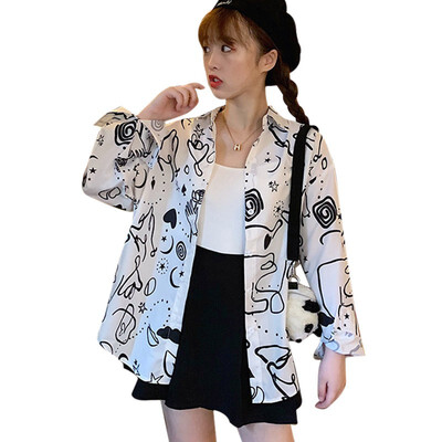 

Female Cardigan Tops Casual Long Sleeve Turn-down Collar Shirt Blusa Women Fashion Personality Printed Loose Blouse Shirt
