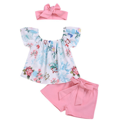 

Baby Sets Summer Kids Baby Girls Casual Floral Pattern Short Sleeve Tops T-shirtShortsHeadband Suits Costume Set