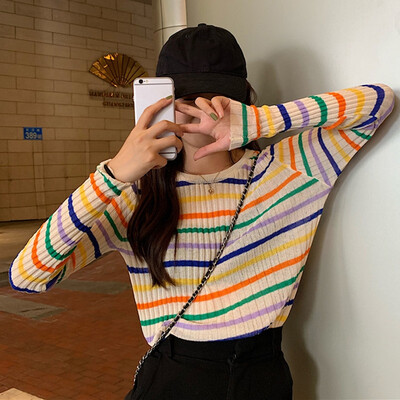 

2019 Korean Style Women T-shirt Rainbow Striped Autumn Thin Knitted Tee Harajuku Long Sleeve Kawaii Ladies Tee Tops Femme