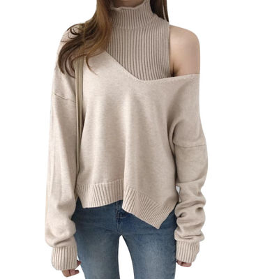 

Autumn Sweater Two-Piece Turtleneck Knit Long Sleeve Loose Jumper Hollow Sexy Oblique Shoulder Pullover Sweater Women