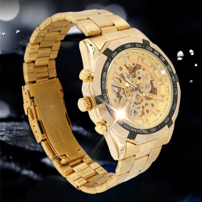 

Willstar Luxury Mens Stainless Steel Gold Tone Skeleton Automatic Mechanical Wrist Watch