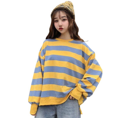 

2019 New Hot Sale Women Autumn Spring Stripes Print Slim Sweatshirts Long Sleeved Round Collar Slim Casual Sweatshirts