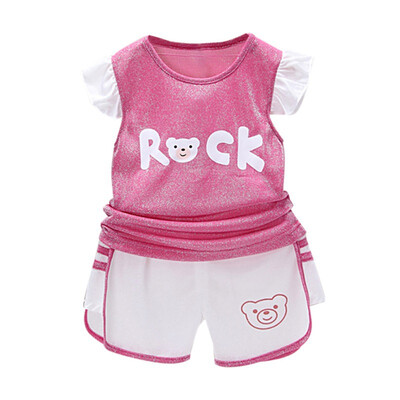 

Summer Sports Baby Girls Clothes Set Casual Cartoon Letter Pattern Flare Sleeve Tops Shorts Suits Costume Set
