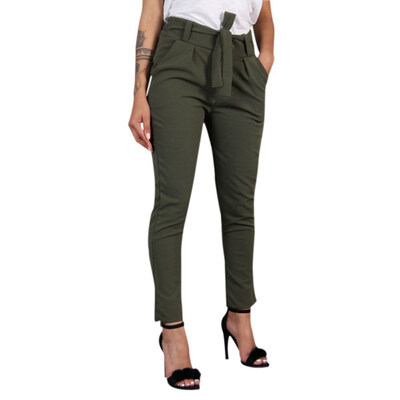 

Women Wild Summer Cotton Casual Stretch Sashes Trousers Elastic Mid Waist Ankle-Length Loose Straight Pencil Pants with Belt