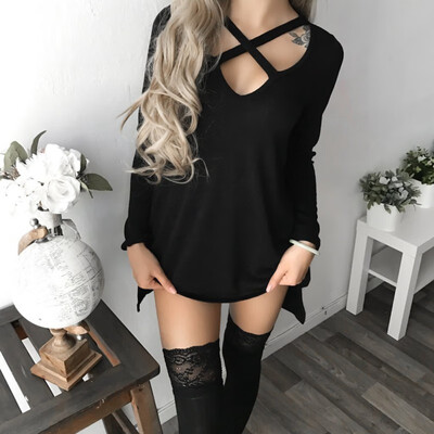 

2018 Autumn Winter Female Sexy Cross Tie V-collar Mini Red Black Gray Dresses Women Long Sleeve Loose Vestido