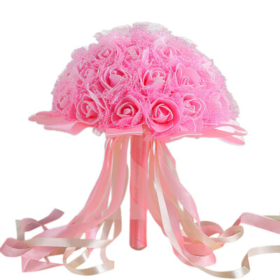 

Gobestart Crystal Ribbon Roses Bridesmaid Wedding Bouquet Bridal Artificial Silk Flowers