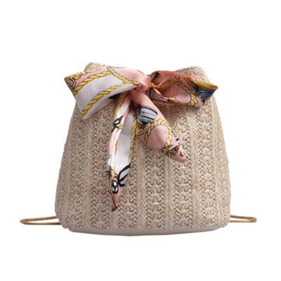 

Ribbon bow straw bag diagonal cross straw beach bag woven bucket bag unilateral ribbon lace cross-body bag