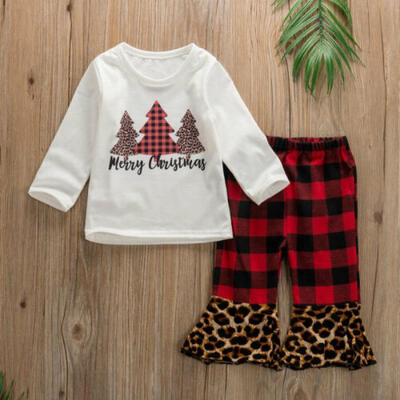

USA Xmas Newborn Baby Girls Christmas Tree Tops Plaids Long Pants Outfits Set