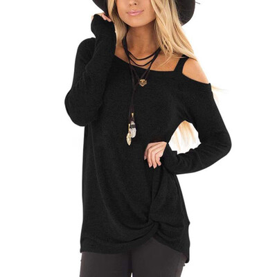 

Women Sexy T-Shirt Hole Plus Size Spring Autumn Cold Shoulder Long Sleeve Solid Knot Top