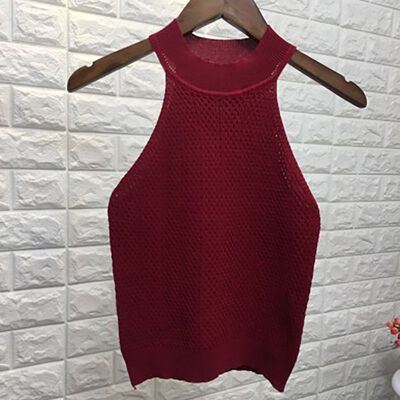 

Women Korean Halter Sleeveless High Neck Hanging Neck Knitted Tank Top Slim