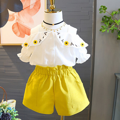 

New Summer Baby Girl Casual Sleeveless Embroidery Flower Print Tops T-shirt Off-shoulder DesignShorts Outfits Set