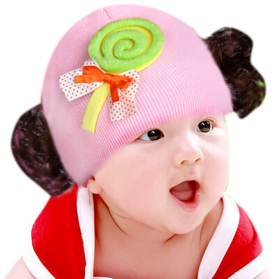 

Newborn Cute Baby Hat Toddler Baby Warm Knit Hat Girls Caps Cartoon Bowknot Cap Girls Fake Hair Wig Hats Kids Headwear