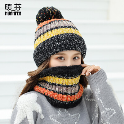 

Warm Fen nuanfen hat female winter autumn thickening plus velvet knit warm wool hat clip color scarf cap knitted sweater hat neck set two-piece CM3027B black