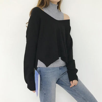 

Autumn Sweater Two-Piece Turtleneck Knit Long Sleeve Loose Jumper Hollow Sexy Oblique Shoulder Pullover Sweater Women