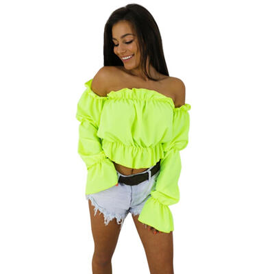 

Women Off Shoulder Crop Tops Candy Color Summer Lantern Sleeve Sexy One Word Collar Beach Blouse