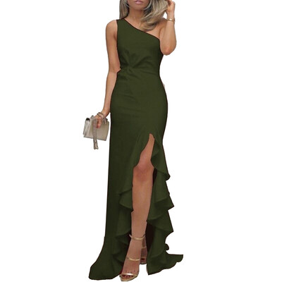 

Women One Off The Shoulder Falbala Slit Evening Dress