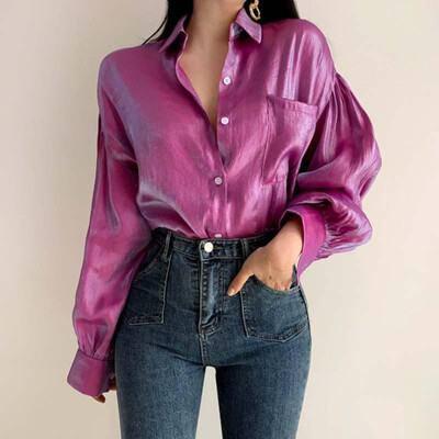 

Women Blouse Turn-down Collar Long Puff Sleeve Pocket Buttons Low High Irregular Hemline Loose Vintage Tops