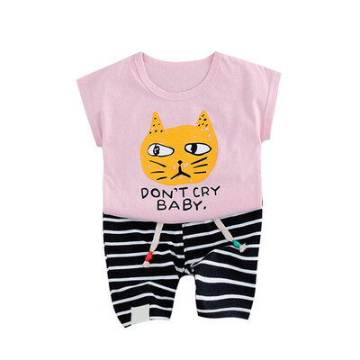 

Summer Baby Boys Girls Cat Print T-Shirt Tops Stripe Pant Suits Casual Short Sleeve Outfits Sets