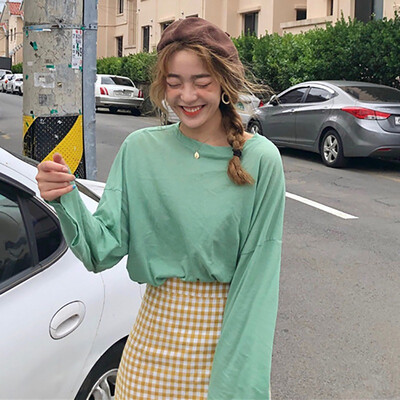 

Basic Simple Solid Color Tee Shirt Women T Shirts Long Sleeve O-Neck T Shirt Loose Fit Pullover Casual Basic T-Shirts Tops