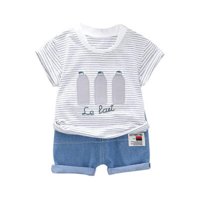 

Summer Kids Boys Short Sleeve Stripe Letter Print T-shirtDenim Shorts Children Casual Outfits Sets 6M-4T