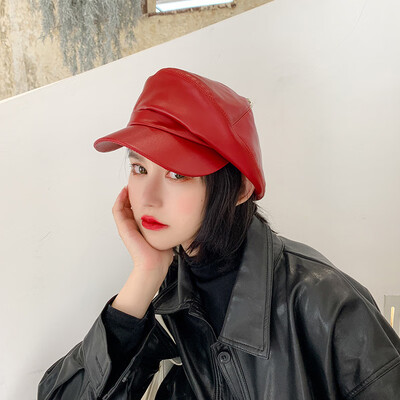 

Beret women winter solid color pu leather bud hat temperament retro painter hat casual hundred net red pumpkin hat