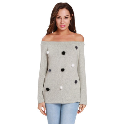 

New Slash Neck Casual Pullovers Sweater Small Wool Ball Decoration Solid Long-sleeve Sweater Autumn Winter