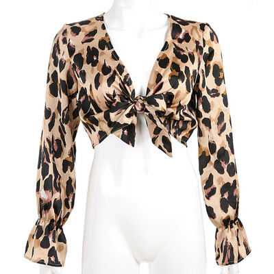 

Sexy Leopard Print Chiffon Blouse Women Long Sleeve Shirt Deep V-Neck Knotted Slim Crop Top Women blusas feminina