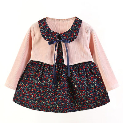 

New Autumn Casual Baby Girls Clothes 0-4T Floral Print Long Sleeve Fake 2 Piece Dress Cute Toddler Kids Sundress