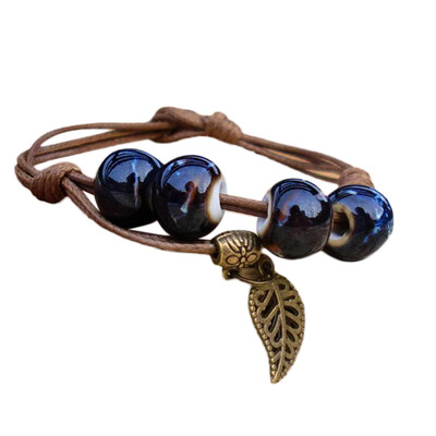 

New Design Kiln Porcelain Designed Specialty In Jingdezhen Folk Style Ceramic Round Beads Rope Chain Braided Bracelet