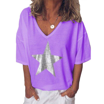 

Plus Size Summer Women Star V Neck Short Sleeve T-Shirt Solid Color Loose Top