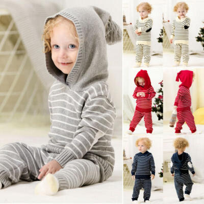 

Cute Newborn Baby Boy Girl Unisex Hooded Tops Pants Outfit Stripe Set Clothes
