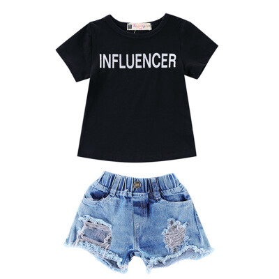 

Kids Girls Clothes Summer Girls Clothing Set Vintage Pattern Tops Short Sleeve T-shirt Casual Worn Denim Shorts Clothes Set