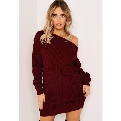 

Womens Long Sleeve Sweater Dress Off Shoulder Knit Dress Bag Hip Long Sweater