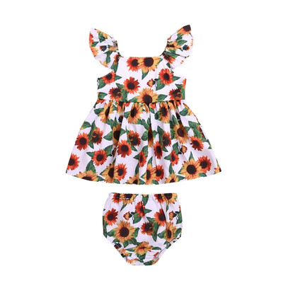 

2PcsSet Summer Baby Girl Casual Flare Sleeve Floral Tops T-shirt With Briefs PP Shorts Outfits Set