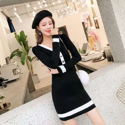 

Winter Autumn Women Mini Dresses V-neck Buttons Sexy Knitted Robe Long Sleeve Bandage Package Hip Bodycon Vestidos