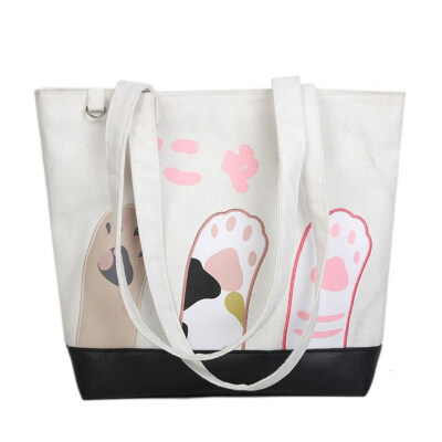 

Cartoon Cat Paw Embroidery Women Canvas Shopping Shoulder Pouch Tote Handbag