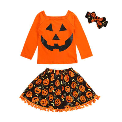 

Halloween Girl Orange Cartoon Cotton Long Sleeve T-Shirt Pumpkin Ball Fringe Short Skirt Set Pullover