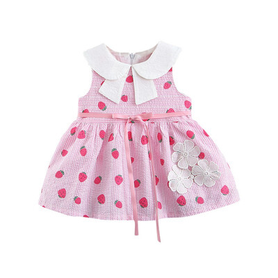 

Baby Summer Girls Dress Round Neck Cotton Strawberry Stripe Print Princess Cute Sweet Stitching Sleeveless Dress
