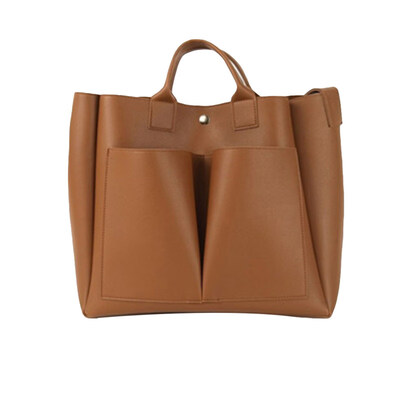 

Casual Solid Color Large Capacity Multi Pocket Handbag Faux Leather Tote Bag