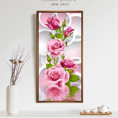 

5D Needlework Diy Diamond Painting Cross Stitch Pink Rose Diamond Embroidery Flower Vertical Print round Drill Home Decor